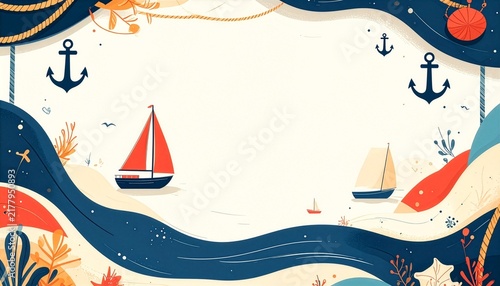 Bold nautical frame with rope anchors and sailboat on cream ocean background, maritime concept