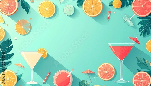 Colorful cocktail glasses and citrus slices bold frame on teal background, summer drink concept