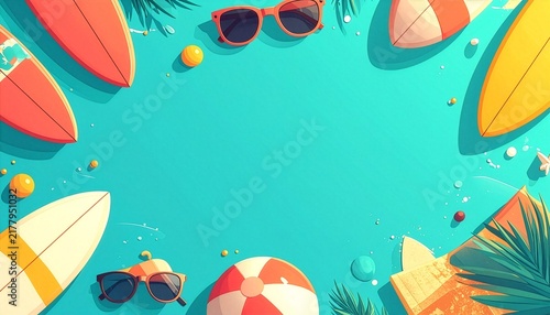 Colorful surfboards sunglasses and beach ball on teal background, summer water sports concept