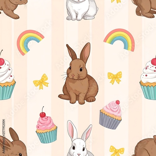 Whimsical Sleeping Bunny Family And Pastel Ribbons Seamless Print