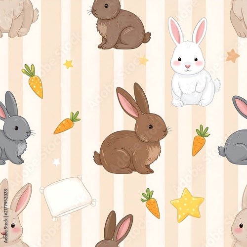 Whimsical Sleeping Bunny Family And Pastel Ribbons Seamless Print