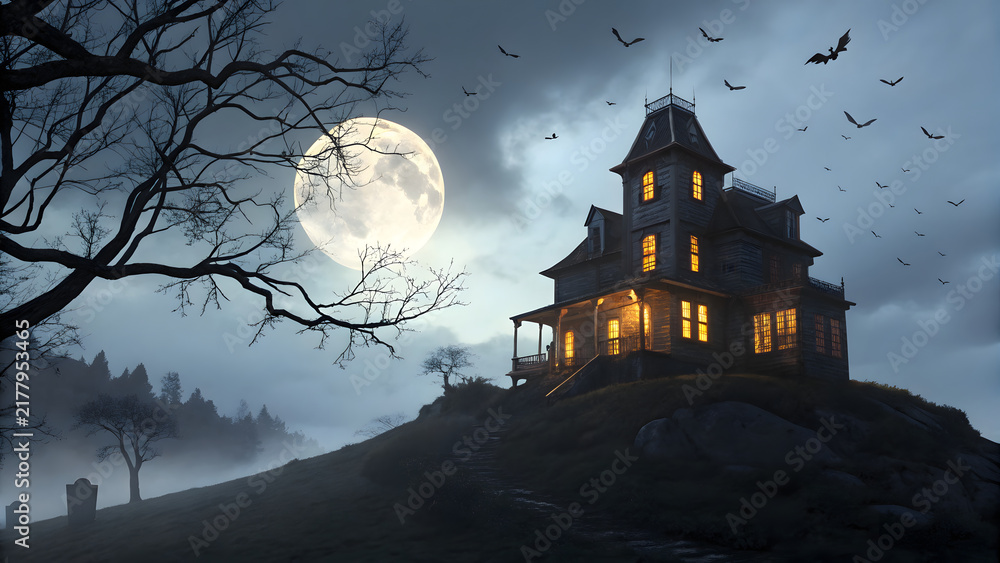 Fototapeta premium Spooky Victorian mansion on a misty hill under a full moon with flying bats at night.