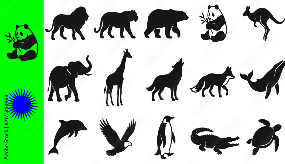 Obraz premium Collection of fifteen black wildlife silhouettes featuring lion puma bear panda kangaroo elephant giraffe wolf fox whale dolphin eagle penguin crocodile turtle with green banner