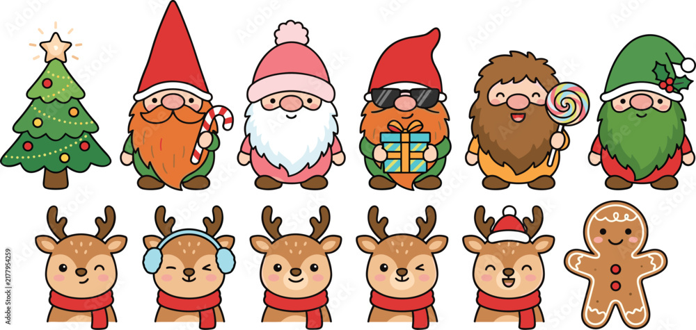 Fototapeta premium Cute Christmas gnome and reindeer character collection with Santa hats, Christmas tree, candy canes, gift box, lollipop and gingerbread man