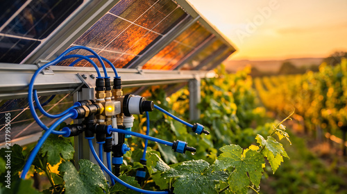 Innovative agrivoltaics system integrating smart irrigation with solar panels enhances vineyard sustainability and crop growth in a sun-drenched landscape