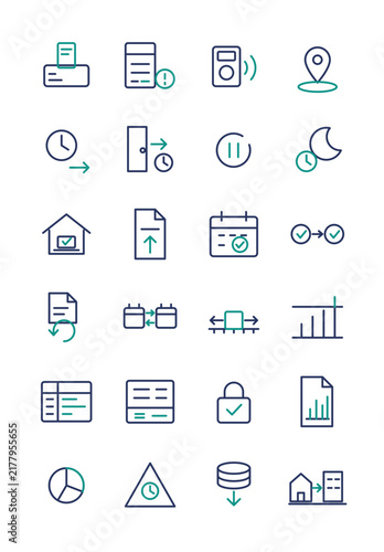 Employee attendance and time tracking icon set, 24 elements: clock in punch, missed punch, overtime request, paid leave, shift roster, flextime core hours, overtime cap, timesheet approval workflow, p