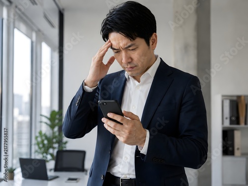 スマートフォンを見ながら困った表情で頭を抱えるビジネスマン