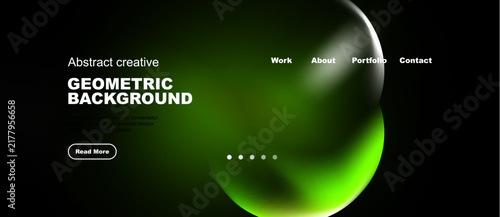 Dark background features vibrant green abstract shapes, text elements, navigation options. Modern design, minimalist aesthetic.