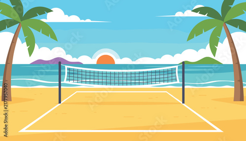 Empty beach volleyball court on a sandy tropical shore with palm trees and a beautiful sunset over the calm ocean.