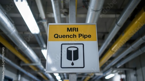 An MRI quench pipe sign hangs in a hospital utility room with overhead industrial pipes. Useful for medical facility engineering and infrastructure safety documentation.