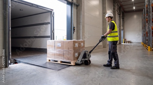 Manual Laborer Moving Cardboard Packages With Pallet Jack Inside Freight Vehicle