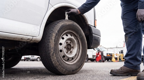 Fleet Mechanic Using Depth Gauge to Assess Tire Tread Wear on Commercial Delivery Van