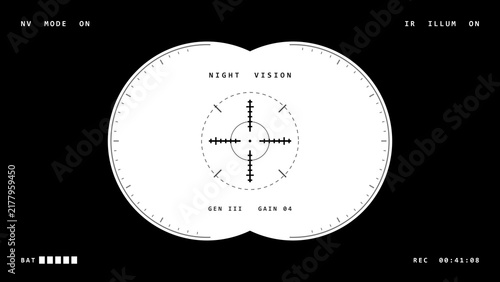 Night vision binocular viewfinder mask with crosshair reticle and infrared status readouts on transparent background
