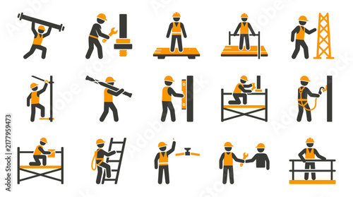 Set of construction worker icons featuring safety procedures scaffolding assembly and professional building maintenance tasks