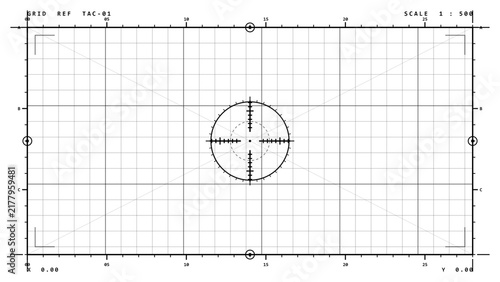 Obraz na plátně Tactical measurement grid overlay with edge rulers, crop marks and centre reticl