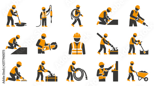 Set of construction worker icons depicting concrete pouring paving masonry and manual labor tasks for building site maintenance projects