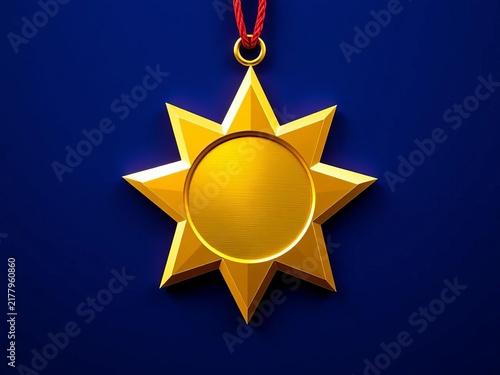 Shining gold star medal on a dark blue background, achievement, winner