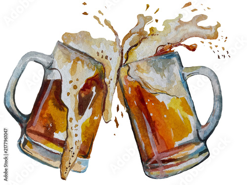 Hand-painted watercolor illustration of two glass beer mugs clinking together during a festive toast, with beer foam splashing around, isolated on a transparent background