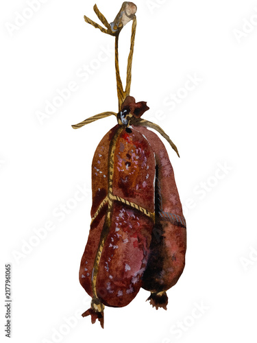 and-painted watercolor illustration of two smoked sausages tied with a ribbon and hanging from a string, isolated on a transparent background