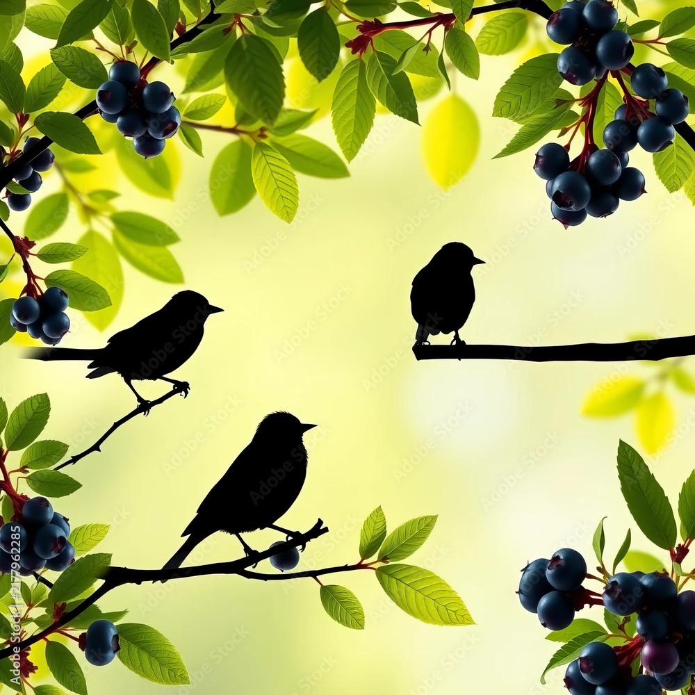 Fototapeta premium Silhouettes of six black birds perched on branches with lush green leaves and ripe blueberries, fruit arrangement, ||black birds