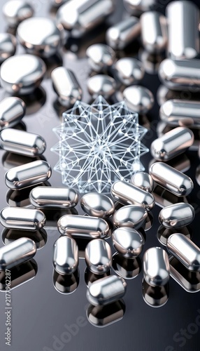 Silvery capsules in varying shapes and sizes arranged on a mirrored surface with intricate digital wireframe design at center, design, technology