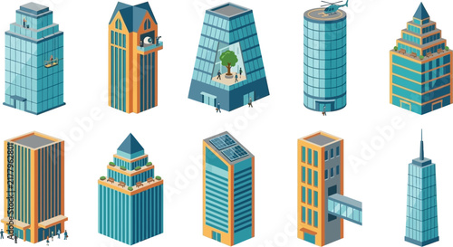 Isometric Cityscape Buildings Collection Modern Architecture Vector Art