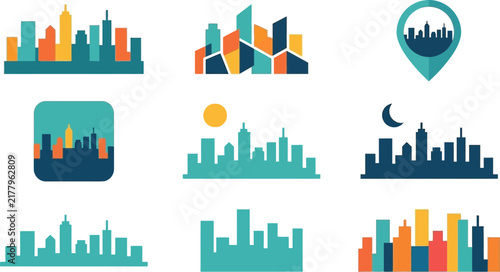Modern Cityscape Collection Diverse Skyline Silhouettes for Urban Design Isolated Vector Graphics