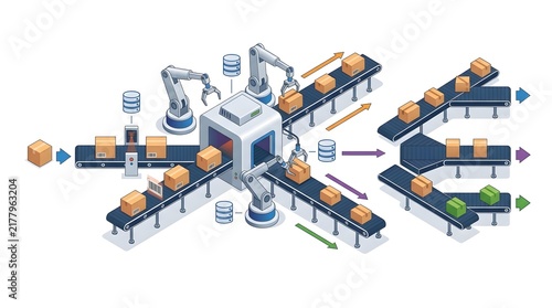 Automated industrial robotic assembly line with conveyor belts and smart sorting systems.