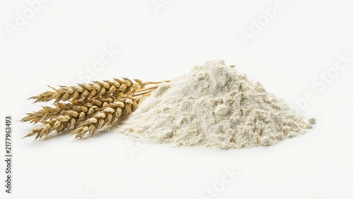 A heap of organic wheat flour with ears of grain isolated on white background. Perfect for baking, food production, and agricultural industry concepts.