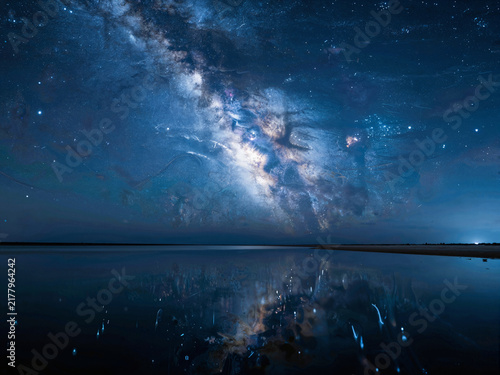 Milky Way galaxy reflected in calm water surface at night
