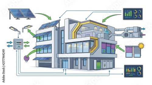 Smart building energy management system with solar panels and HVAC monitoring technology.
