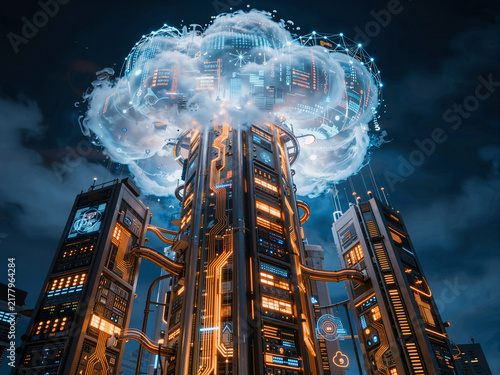 Futuristic cloud data sphere in a sci-fi cityscape