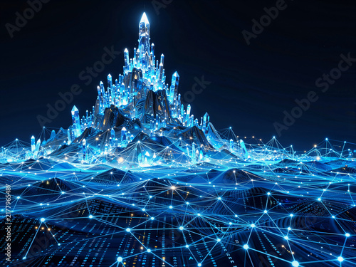 Blue digital crystal mountain peak with network nodes