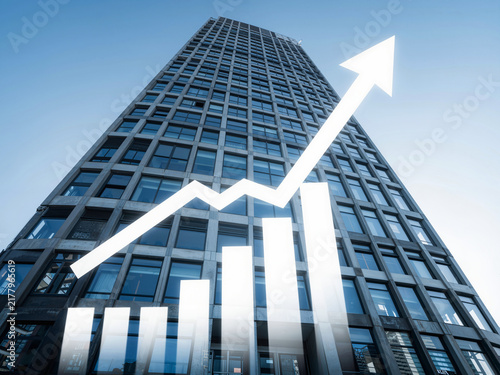 Upward arrow chart superimposed on a modern skyscraper against a blue