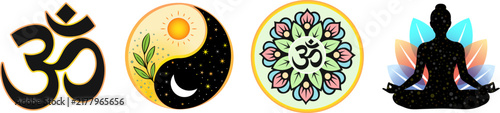 Yoga and meditation icon set with om symbol, yin yang, lotus mandala and meditating silhouette