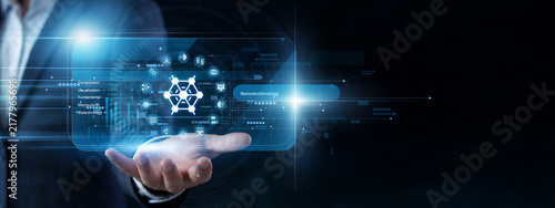 Принти на полотні Lab scientist uses a handheld scanner to access a virtual screen manipulating Nanotechnology structures