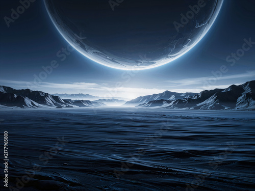 Huge planet hanging over a frozen wasteland