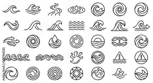 Minimalist water wave icons, 35 linear sea and ocean symbols, black outline aquatic vector set for logo design and branding