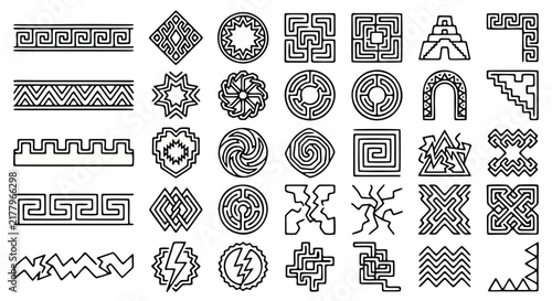 Ancient Mayan and Aztec geometric patterns, 35 tribal line art icons, indigenous Mexican ethnic border ornaments, pre-Columbian vector symbols