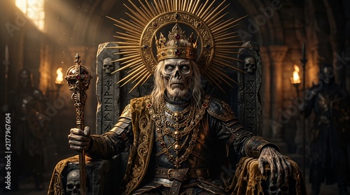 Skeleton King Sitting on Throne in Dark Dungeon Illustration