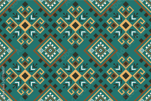 Seamless Tribal Geometric Pattern in Teal, Mustard and Brown for Textile, Fabric and Wallpaper Design
