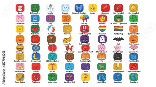 Colorful seasonal icons collection featuring holidays and celebrations across the entire year