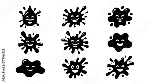 Black ink splatters with cute smiling faces in a collection of cartoon vector icons