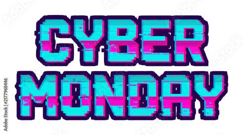 Cyber Monday text, featuring a vibrant digital glitch effect, offers an impactful graphic for online shopping.