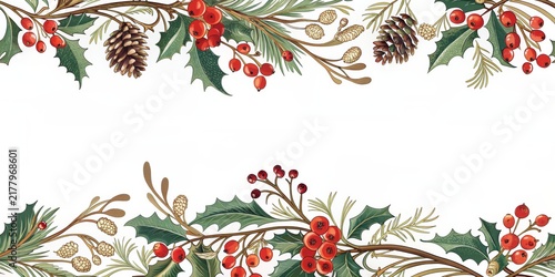 Christmas frame with pine cones, holly, and berries isolated on white background