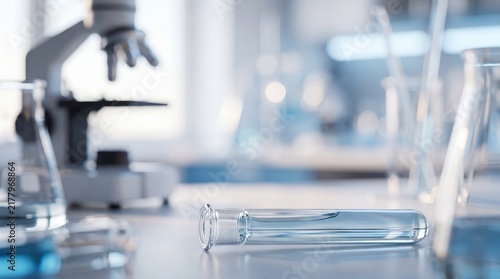 Glass test tube lying on laboratory bench with microscope with microscope beakers background