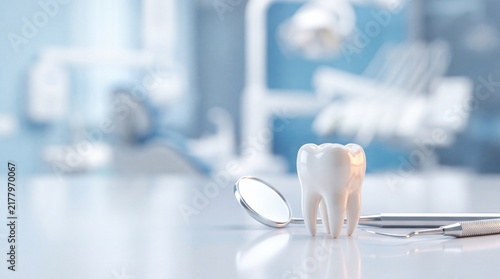 White ceramic tooth model standing next to dental instruments on a counter in a clinic