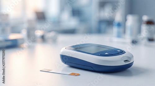 A digital blood glucose meter and a test strip resting on a white table surface with digital device measuring
