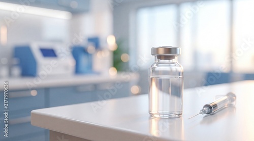 Glass vial with clear liquid and syringe on white laboratory table with bottle plastic syringe