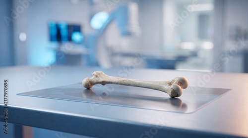 Human femur bone resting on an imaging plate inside a medical examination room with positioned flat imaging